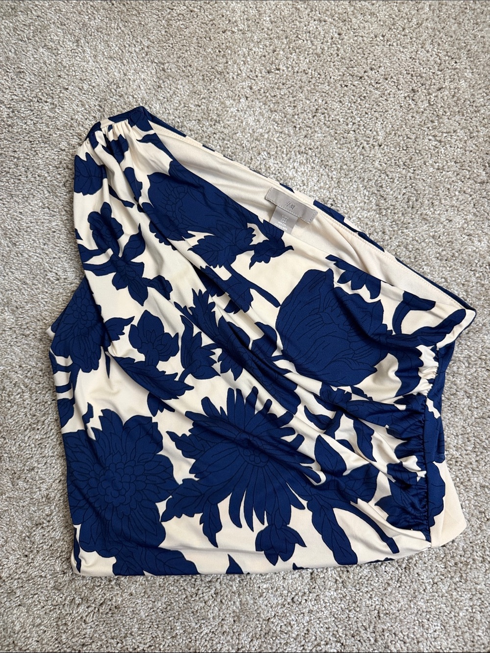H&M One-Shoulder Navy and Cream Floral Crop Top